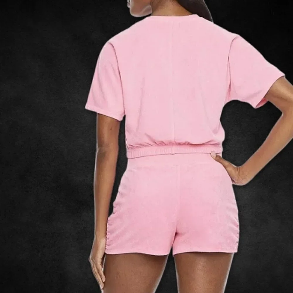 JUICY COUTURE Top Short Sleeve Cropped Design Terry Cloth Fabric Pink W XXL NWT - Picture 2 of 10